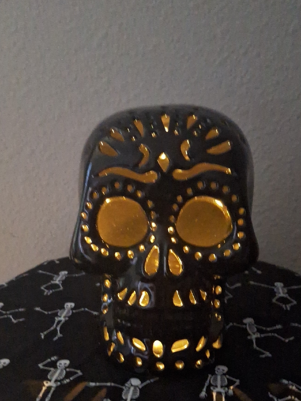 Black and Gold Ceramic Sugar Skull Accent - Decorative Home Accent